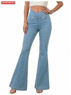 Women Flare Jeans High Rise Elastic Waist Bootcut Denim Pants Pockets